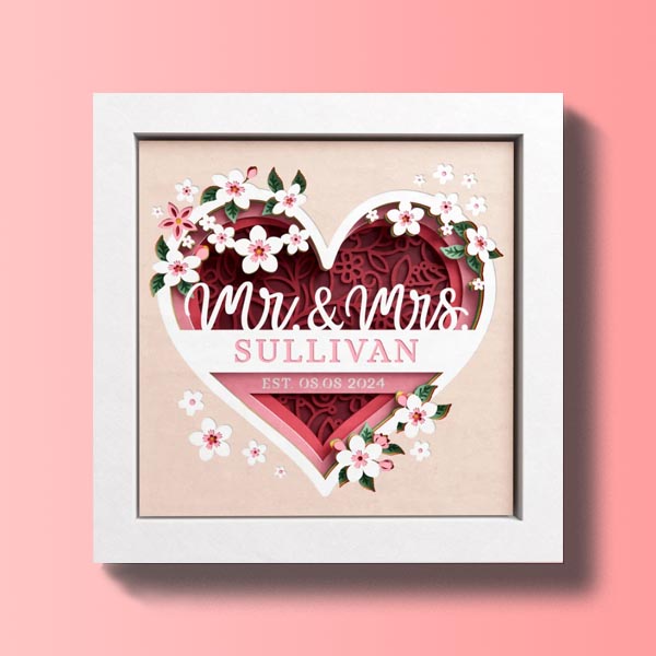 Floral Wedding Heart 3D Layered Shadow Box Personalized
