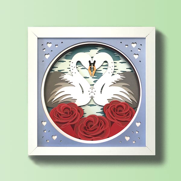 Swan Couple in Love with Rose 3D Layered Shadow Box